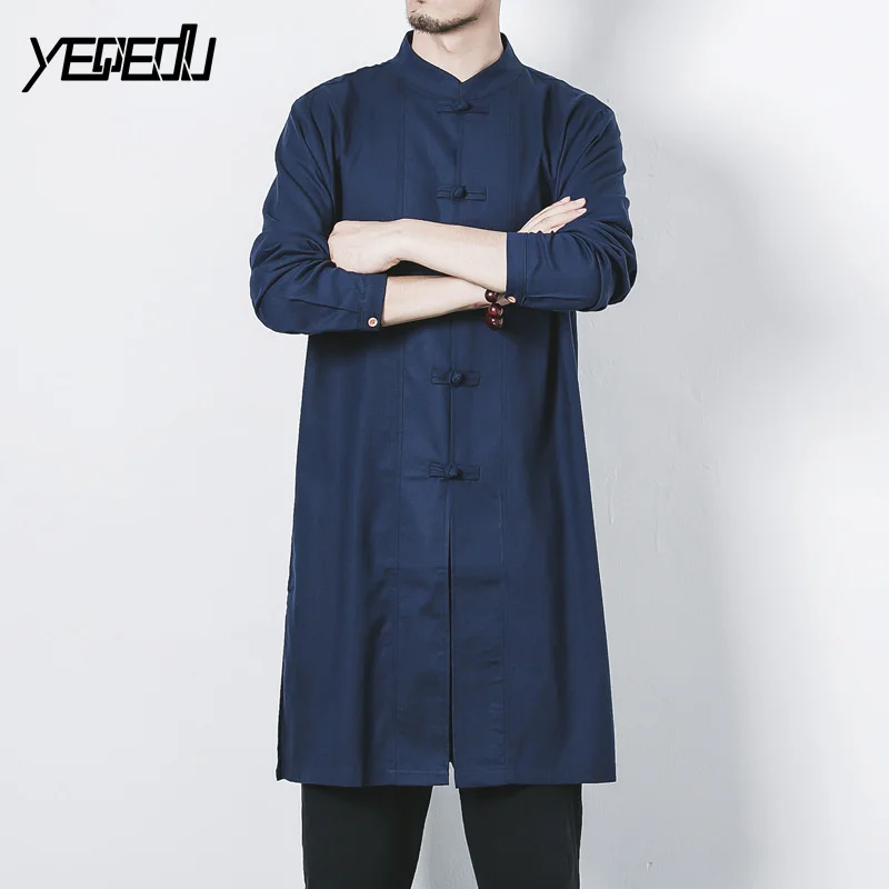 #2701 2018 White/Black Linen shirts men Fashion Extended Stand collar Single breasted Plate buckle Man high quality M-5XL | Мужская