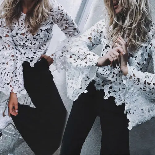 Модные женские туфли Костюмы Flare рукавом блузка выдалбливают цветочные кружева