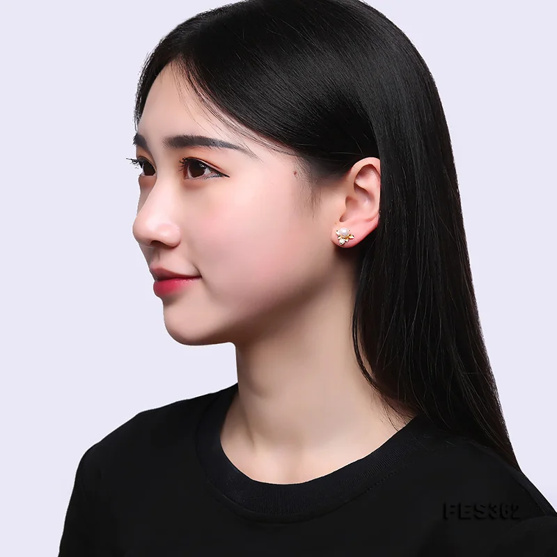 

JYX Gorgeous White with natural pink light Pearl 925 Silver Pearl Studs Genuine 6.5mm Round Freshwater Pearl Earrings