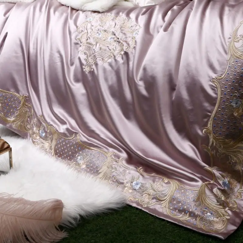 Фиолетовый Белый Вышивка Duvet Стёганое одеяло роскошные постельные принадлежности мягкие постельное бельё из египетского хлопка листов простыня набор King queen размер 4/7 шт