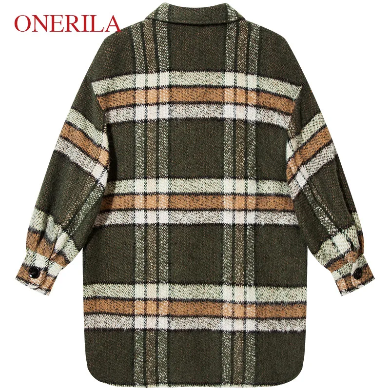 ONERILA 2018 New Winter Casual Vintage Loose Single Breasted Green Plaid Wool Coat Long Sleeve Turn Down Collar Women Overcoat | Женская