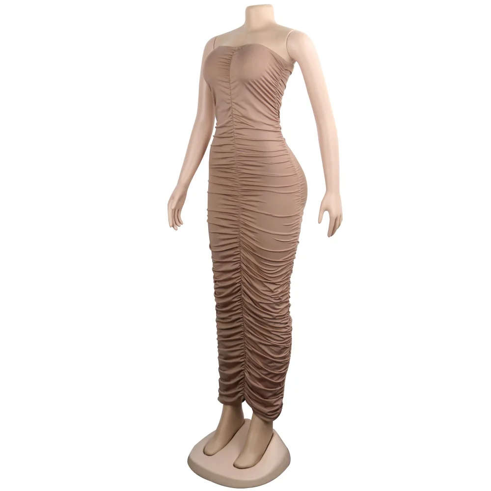 Элегантные пикантные bodycon женщины рукавов без бретелек Оболочка Твердые ruched лето длинное платье vestidos роковой