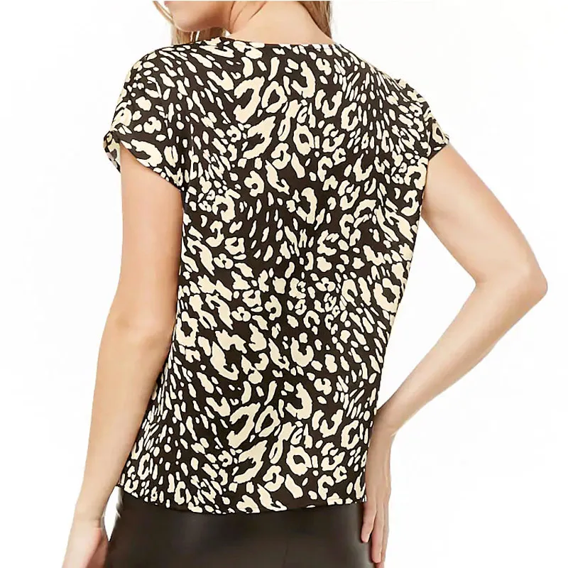 Женская шифоновая рубашка с леопардовым принтом V образным вырезом и коротким