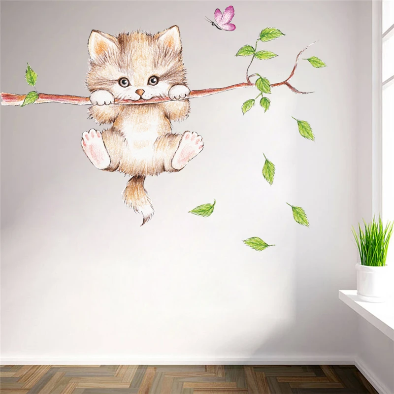 Милый Кот Бабочка ветка дерева Наклейка на стену наклейки для детской комнаты