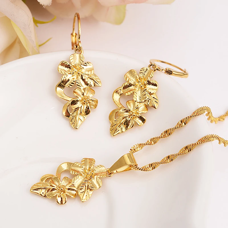 

Bangrui Ethiopian Gold Color Flower set Jewelry Pendant Chain Earrings African Bride Wedding Flower Bijoux