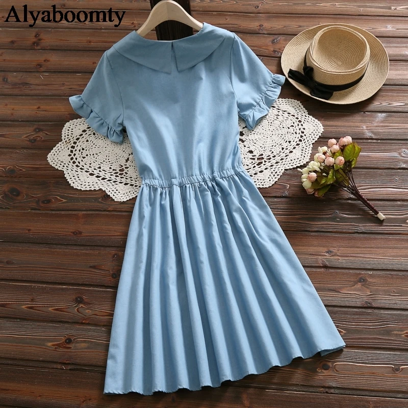 2019 японский Мори девушка летнее женское джинсовое платье Питер Пэн воротник