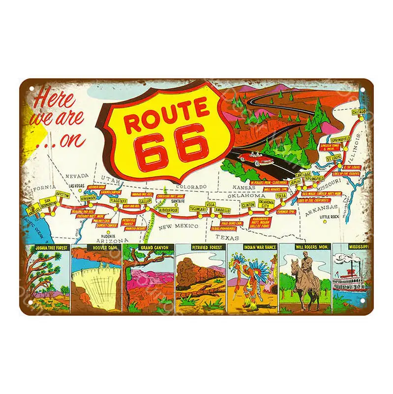 US Route 66 Vintage Metal Tin Signs American Road Car Motorcycles Plate Wall Poster Pub Bar Club Home Decor Garage Decoration
