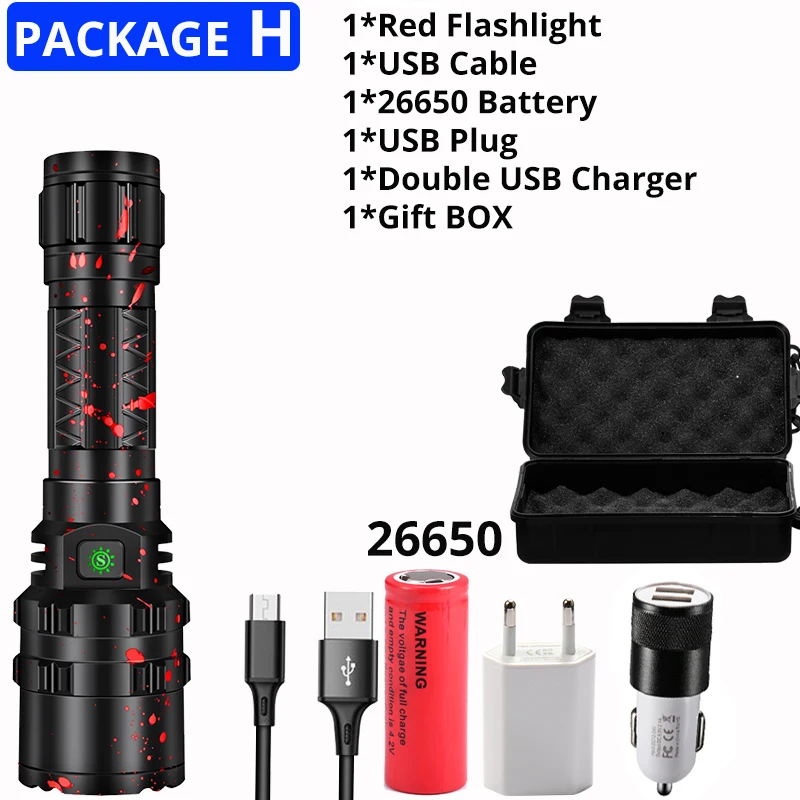 Package H-26650 Xlamp Xhp50.2 самый мощный светодиодный фонарик перезаряжаемый фонарь Usb фонари 18650 или 26650 лучший кемпинг, рыбалка, открытый - Испускаемый цвет: Package H-26650