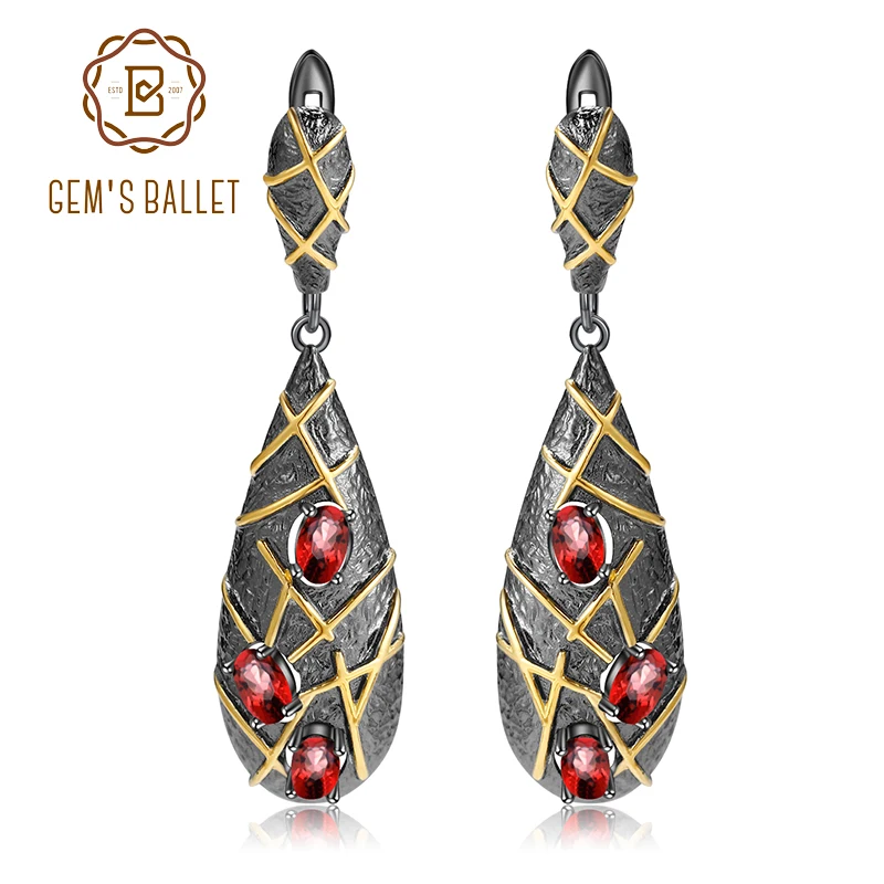 

GEM'S BALLET 925 Sterling Silver Vintage Cross Lines Drop Earrings For Women 1.89Ct Natural Garnet Gemstones Earrings Jewelry