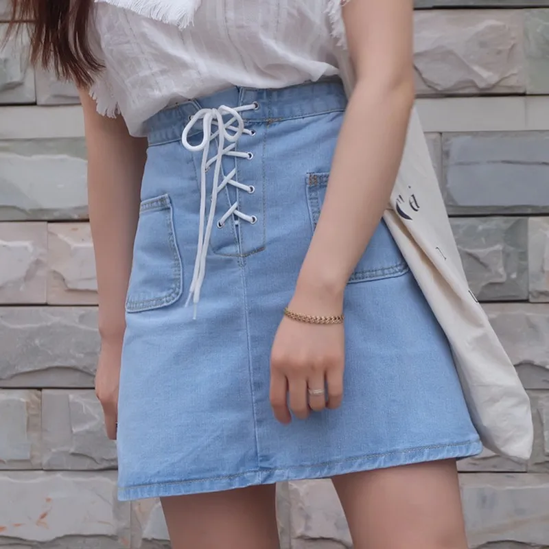 Plamtee двойной карман сплошной Цвет джинсовая юбка трапециевидной формы Jupe Taille Haute