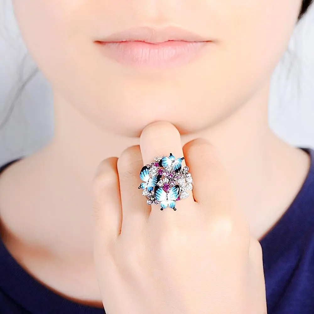 Серебряное кольцо для женщин SANTUZZA, 925 пробы, серебряное, гламурные бабочки, блестящее кольцо с кубическим цирконием, модное ювелирное изделие, эмаль