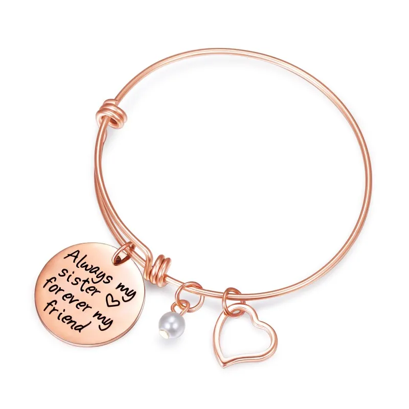 

Sis Sister Bracelet Adjustable Charms Bangle Stainless Steel Quote Bracelet for Women "Always My Sister..." Hand Jewelry