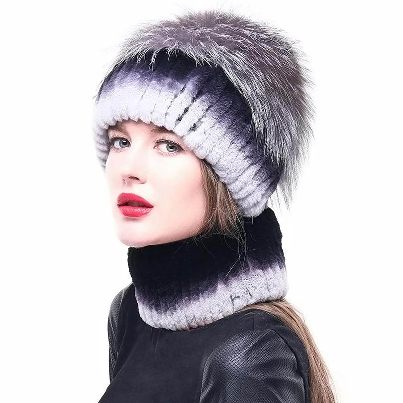 Linlaixueda зима кролика рекс Мех животных Шапки с лисой помпоном вязаные шапочки из