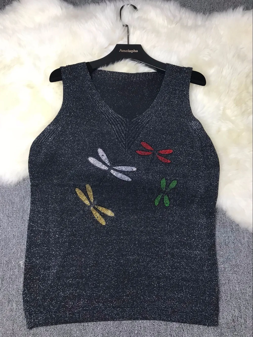 Amolapha Women Dragonfly Diamonds Knit Vest Shirts V Neck Sleeveless Summer Woman Casual T-shirt Tops | Женская одежда