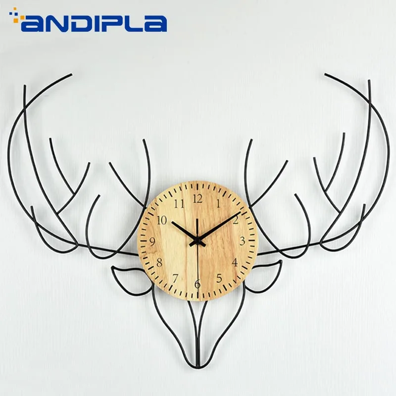 

ins Nordic Fashion Iron Art Deer Round Wood Wall Clock Creative Personality Living Room Office Wall Watch Clocks Home Decoration