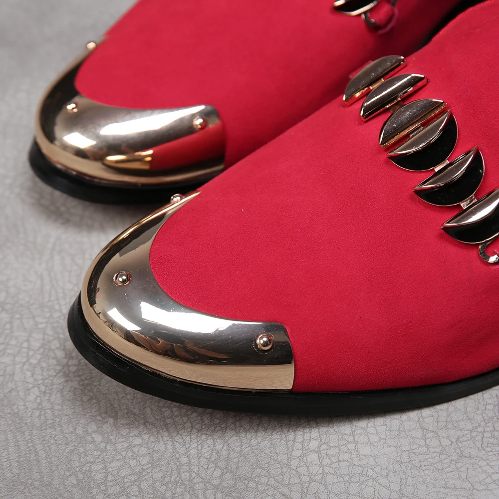 

Luxury Red Cow Suede Mens Platform Shoes Loafers Slip on Creeping Runway Mens Shoes Casual Metal Round Toe Men Loafers For Men