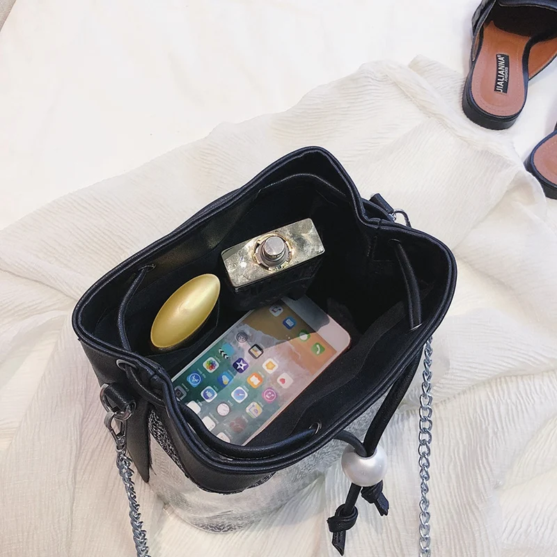 Модная винтажная Женская тканая прозрачная кожаная сумка-ведро с цепочкой из