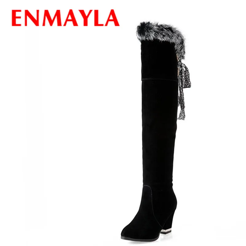 ENMAYLA/высокие сапоги женские ботфорты из флока новые модные пикантные теплые