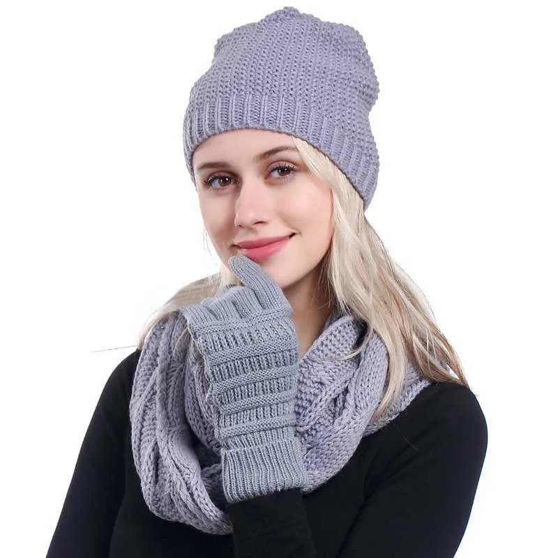 Ponytail Beanie Women Scarf Hat Glove Sets Knitted Winter Cap Warm Skullies Beanies Woolen Hats Casual Female Slouchy Knit Caps