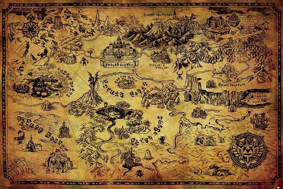 Легенда о Зельде Hyrule карта Плакат Шелковый плакат декоративной живописи 24x36