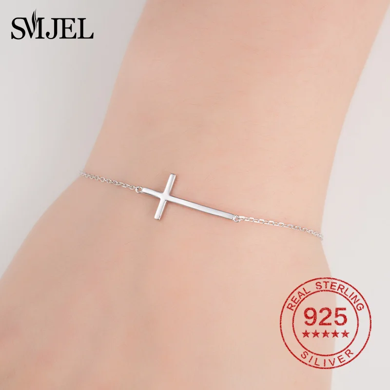 SMJEL Иисуса Христианские Женщины Мужчины крест с горизонтальной перекладиной браслеты 925 стерлингового серебра ювелирные изделия браслет подружки невесты подарок