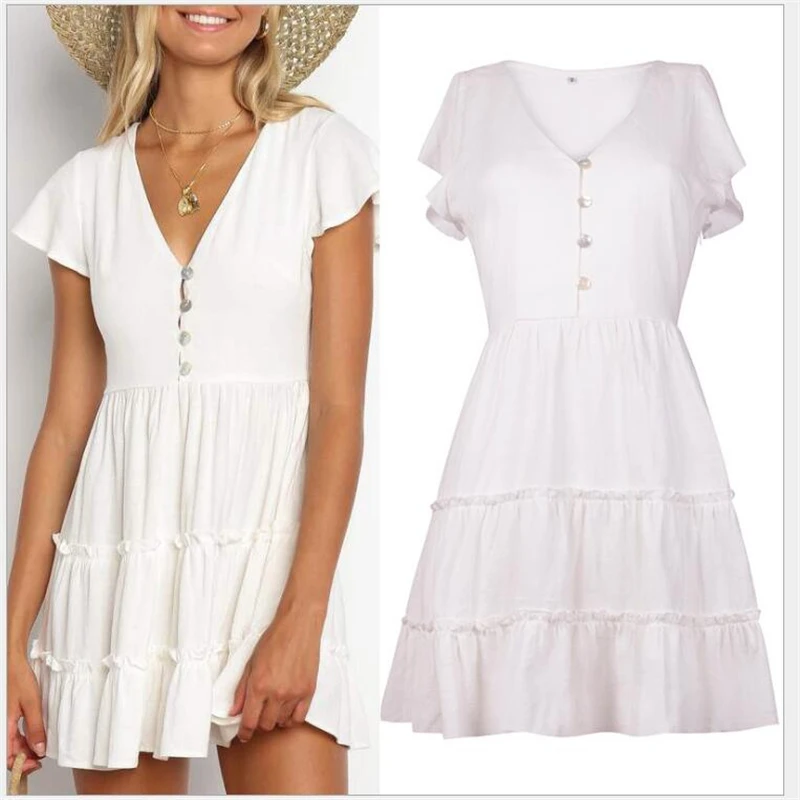 Женское платье с V образным вырезом коротким рукавом и пуговицами|Женские платья|