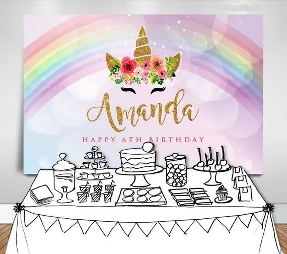 Custom Unicorn Rainbow Star Birthday Flower Bokeh photography backgrounds Computer print party backdrops | Электроника