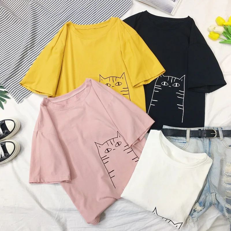 Забавные футболки футболка с рисунком кота из мультфильма Kawaii одежда круглым