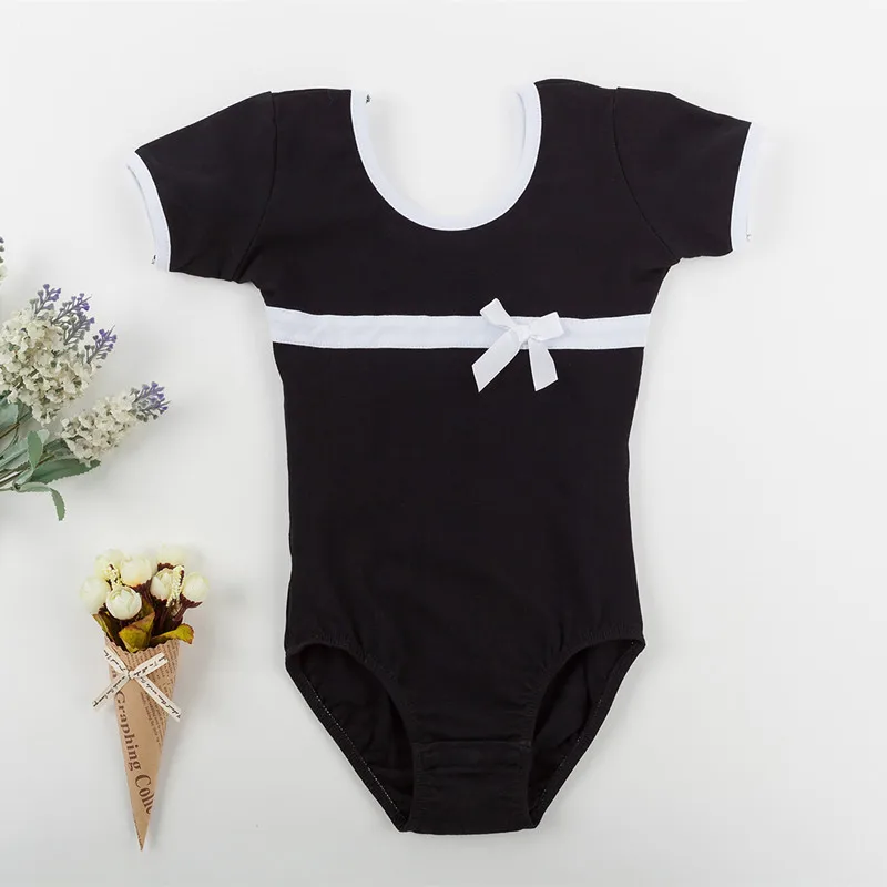 black leotad Хлопковый трико для девушек с короткими рукавами, костюм для балета, детский Леотард для гимнастики и танцев, розовый, черный костюм балерины - Цвет: black leotad