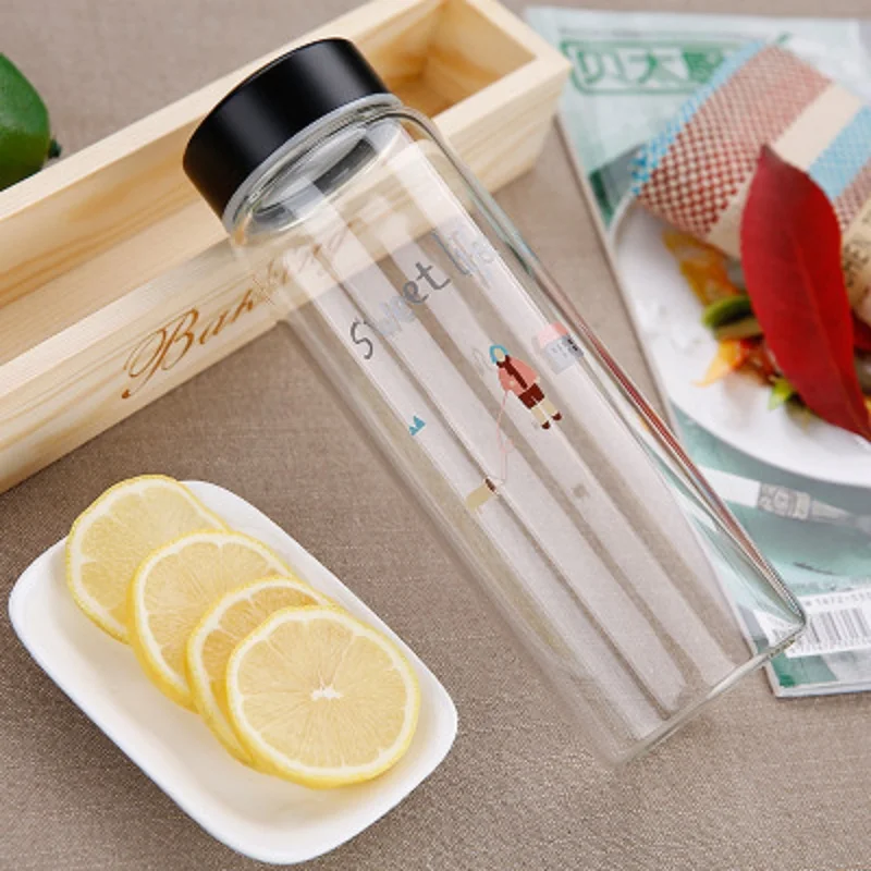 New Cute Glass Transparent Water Bottles Heat resistant Leakproof Proof Sports Drinkware Portable cup with lid | Дом и сад
