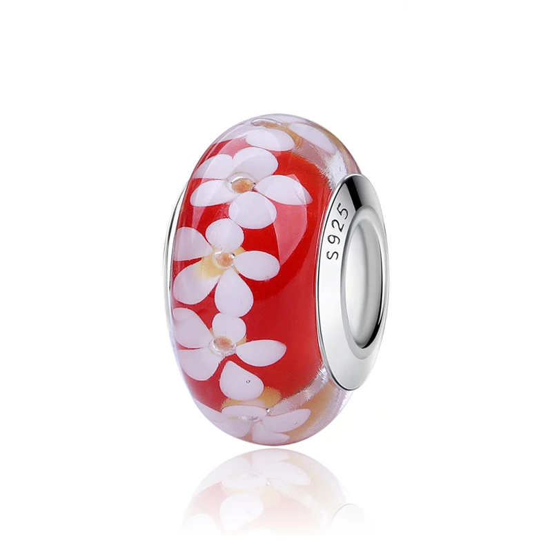 Fit Pandora браслет Серебро 925 пробы талисманы сердце Микки из муранского стекла с изображением цветка бусины для женщин Diy ювелирные изделия - Цвет: Flower Red
