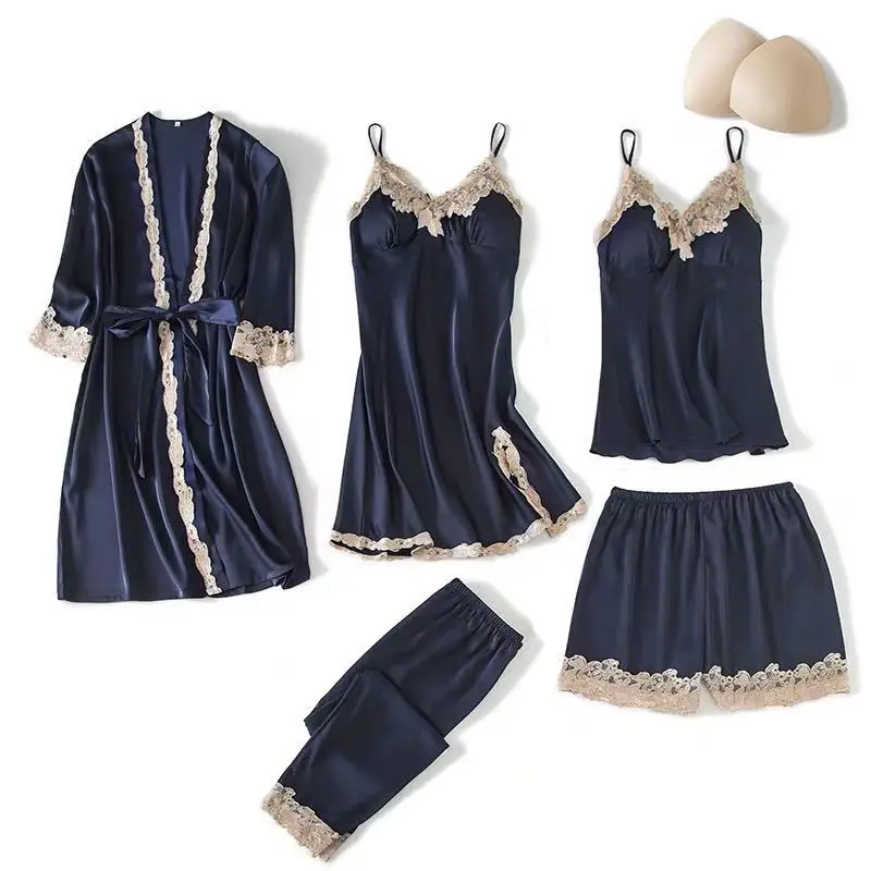 

Комплект пижамный женский из 5 предметов, кружевной атласный Шелковый банный халат, милая одежда для сна на бретелях-спагетти, лето