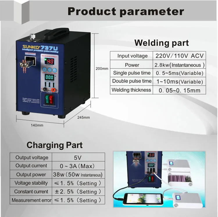 

SUNKKO 737U Digital Display Double pulse Spot Welder LED illumination USB charging Handheld Welding Machine for 18650 battery