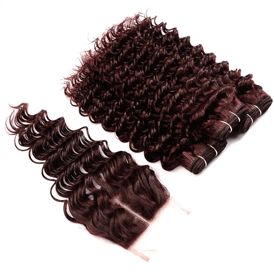 Дерзкие красные волосы 99J глубокая волна перуанские волосы с закрытием Pinshair густые бордовые 100 человеческие волосы пучки с закрытием шнурка не Реми