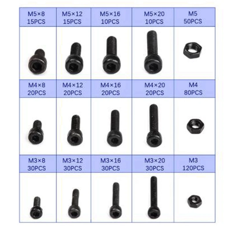 Black Carbon-Steel Cylinder Column Hex Hexagon Screw Set 500Pcs/Set M3/M4/M5 Furniture Fastener Assorted Kit Head Bolt Nut | Обустройство