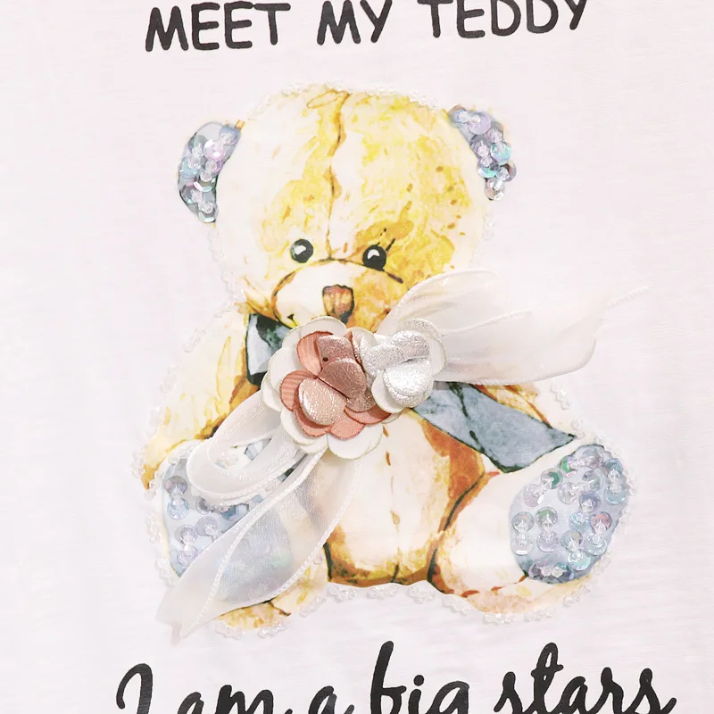 2019 Весна и лето новая женская футболка жемчужные блестки мультфильм Медведь