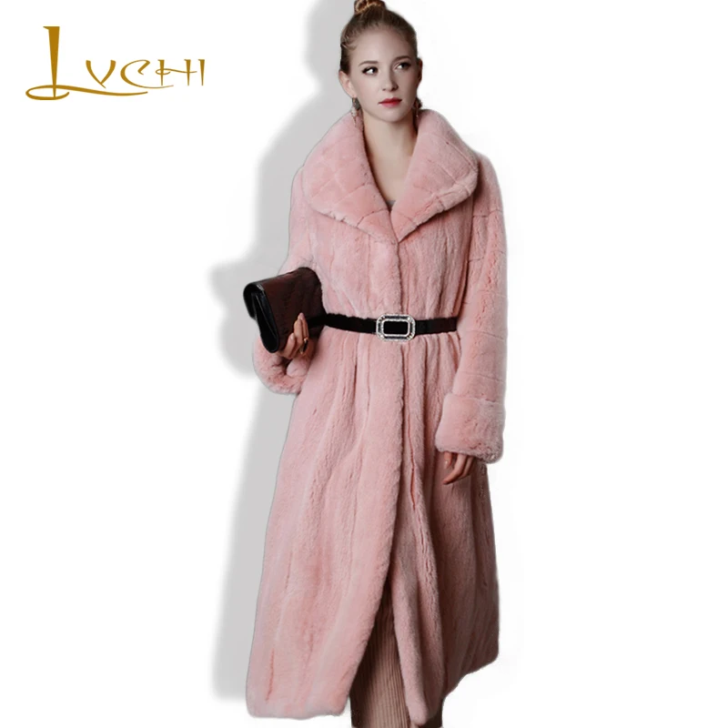 LVCHI Women tunic Elegant Genuine Leather Outerwear Winter Thick Warm Fashion Maxi Fur Pink X-Long Custom Mink Fur Coats