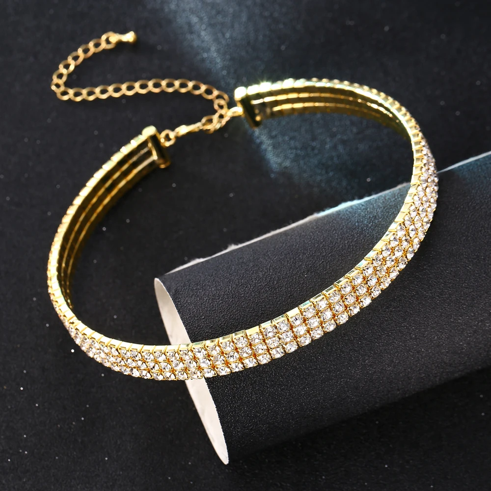 Кристалл Чокеры Для женщин jewelry стрейч 3 ROW Rhinestone колье Цепочки и ожерелья