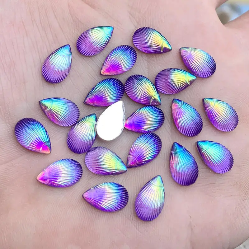 Purple AB 8*12 мм в виде ракушки, в форме капли, цветные стразы AB, на кнопках, блестящие капли, стразы из смолы, кристаллы, камни, Стразы DIY, 80 шт - Цвет: Purple AB