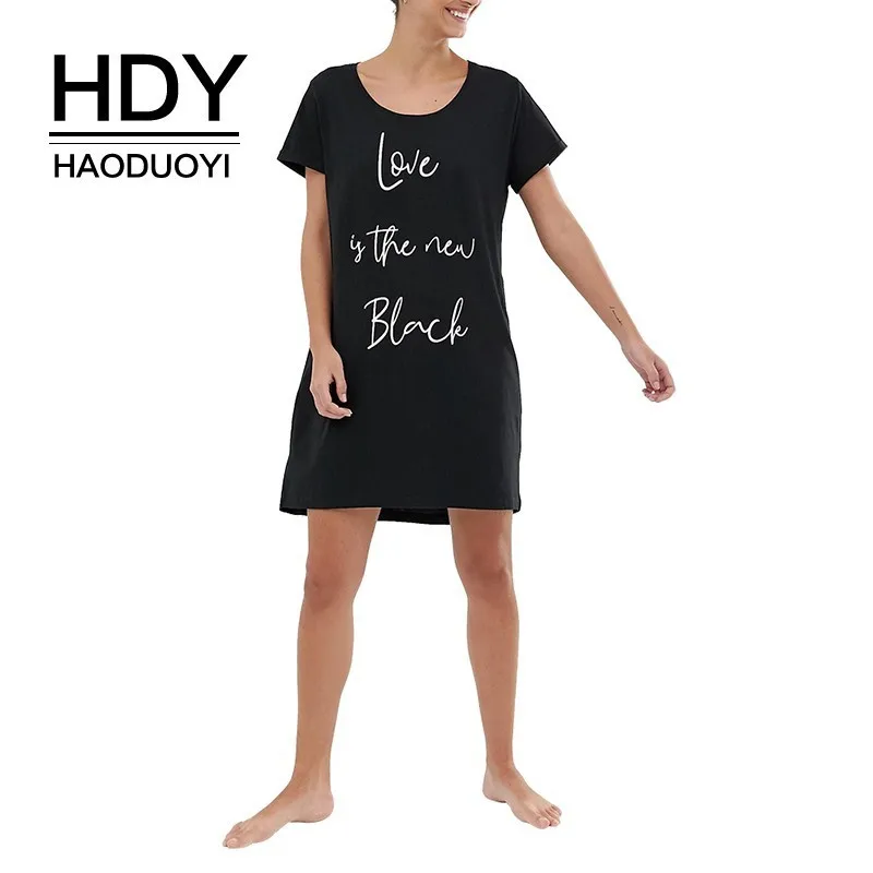 Летнее Стильное повседневное платье-футболка HDY Haoduoyi простое черное с принтом и