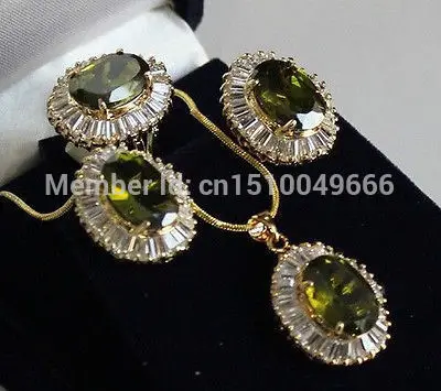 

SU225 Hot sale FREE SHIP>>>Plated Inlay Peridot Crystal Necklace Ring Earring set AAA 01
