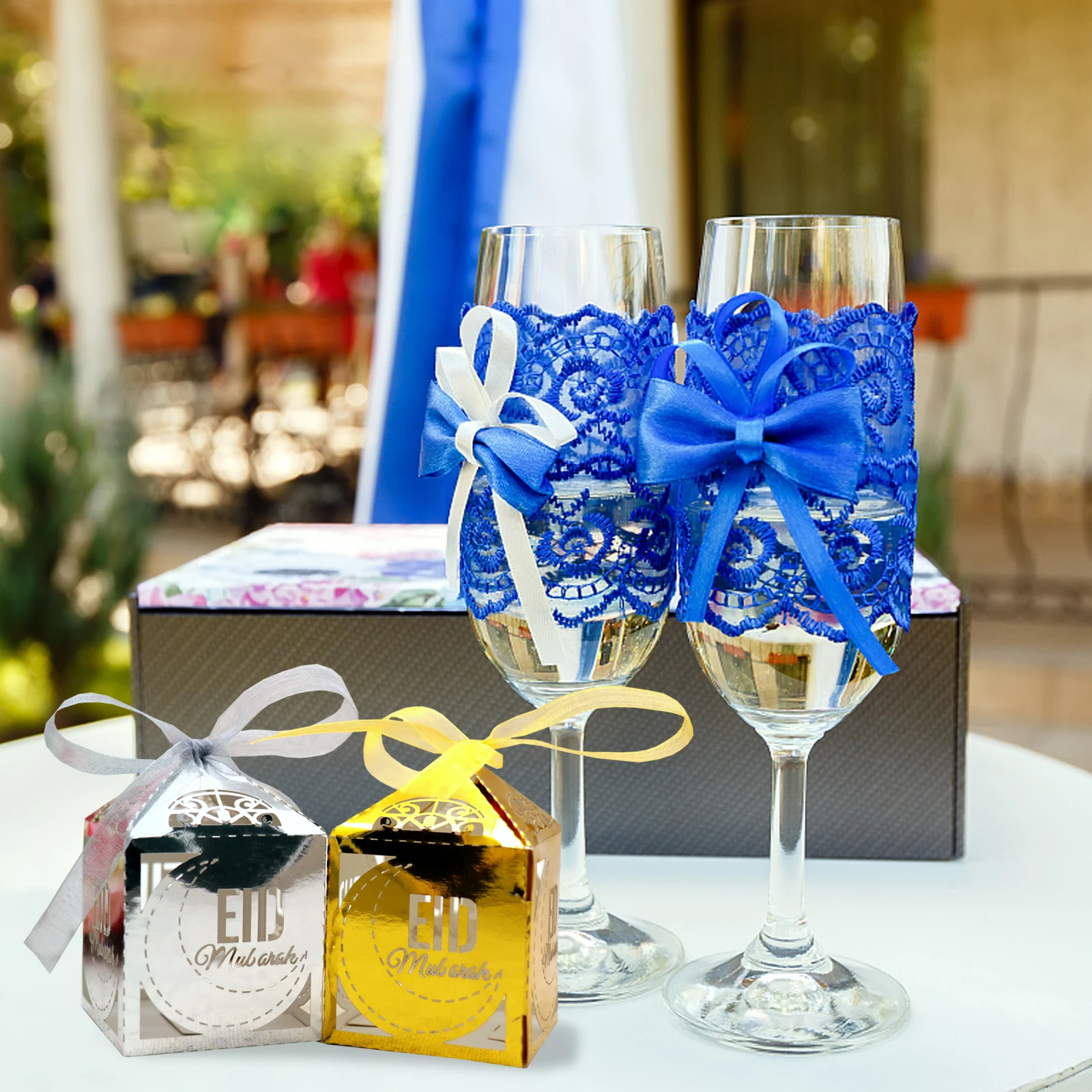 

10pcs Paper Castle Moon Ramadan Kareem Candy Box Islamic Eid al-Fitr Mubarak Gift Box with Ribbon For Guests Islam Party Supply