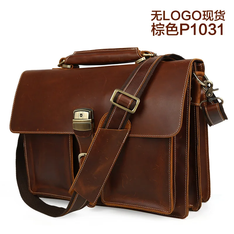 

men handbags cow leather 2018 male business dress brown casual vintage handbags real leather man brand big 15" laptop bags