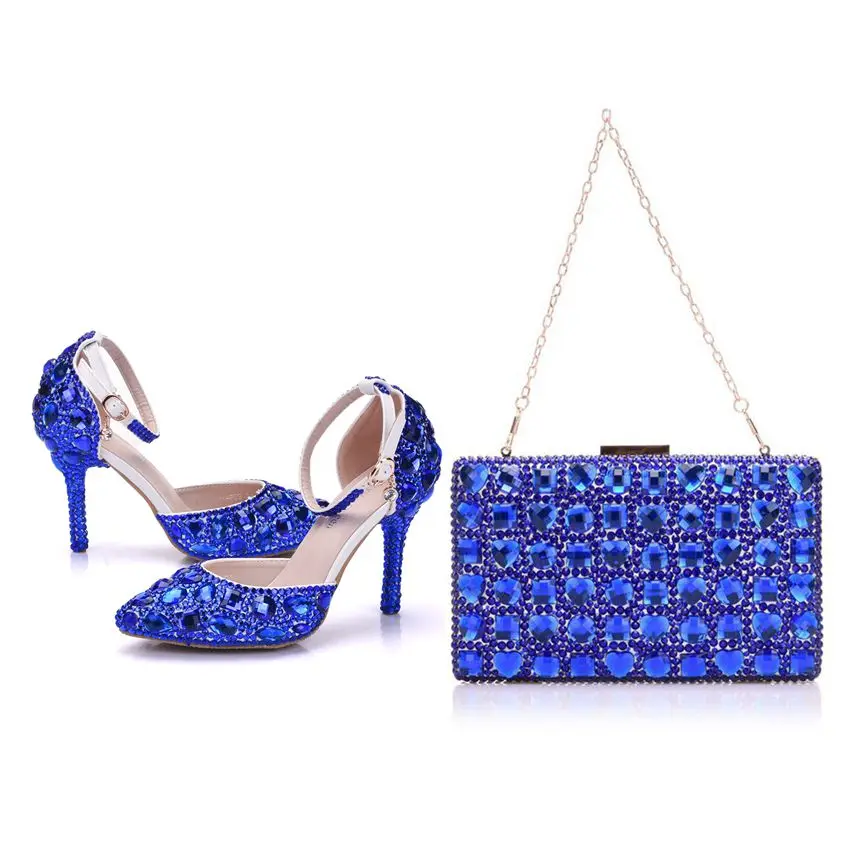 

Crystal Queen Blue Crystal Wedding Shoes With Matching Bags Bride Payty Dress Shoes Purse Women High Heel Sandals