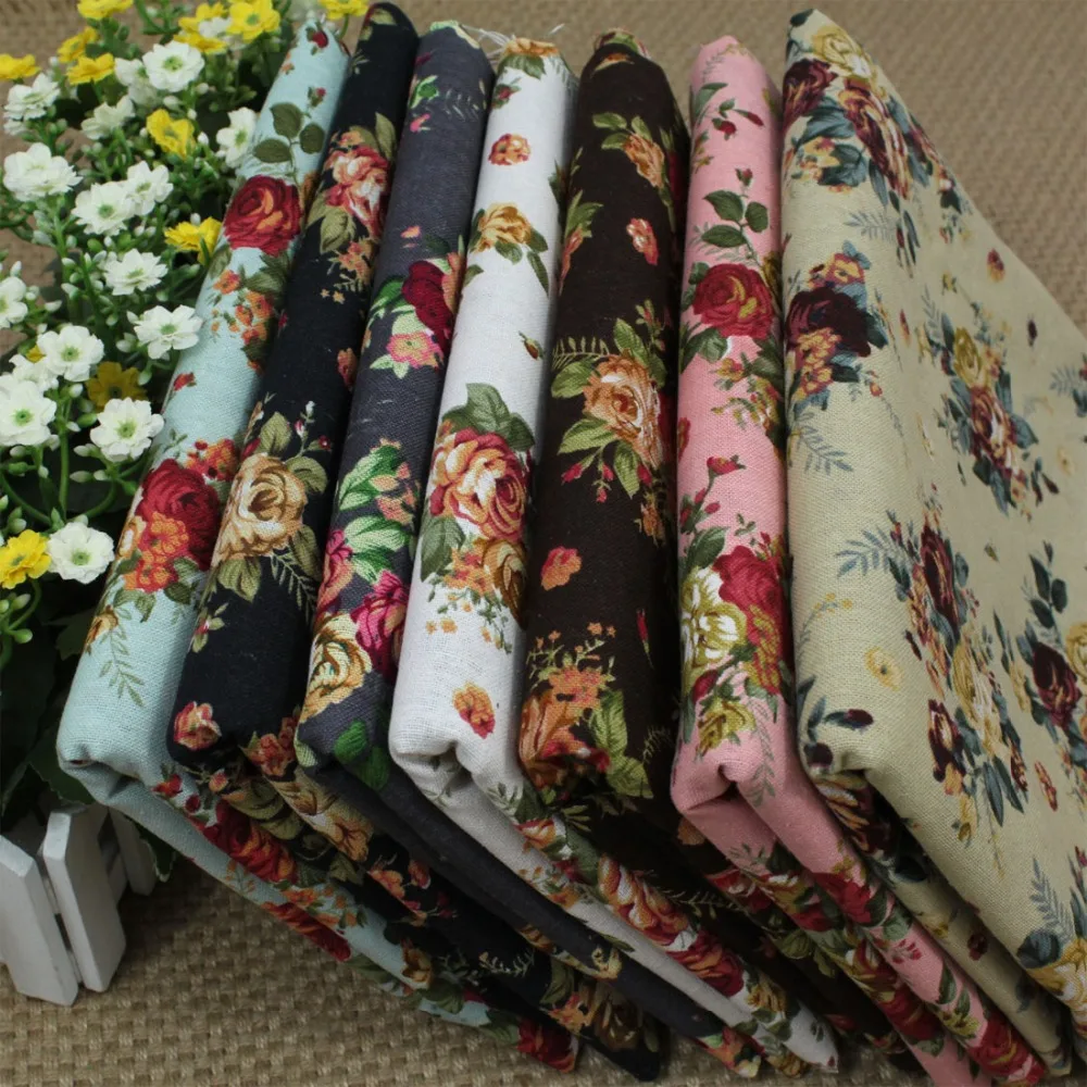 

LEO&LIN Vintage Classic Red Black Blue Rose DIY Print Linen Cotton Fabric cloth 50*70cm (8 pieces / lot)