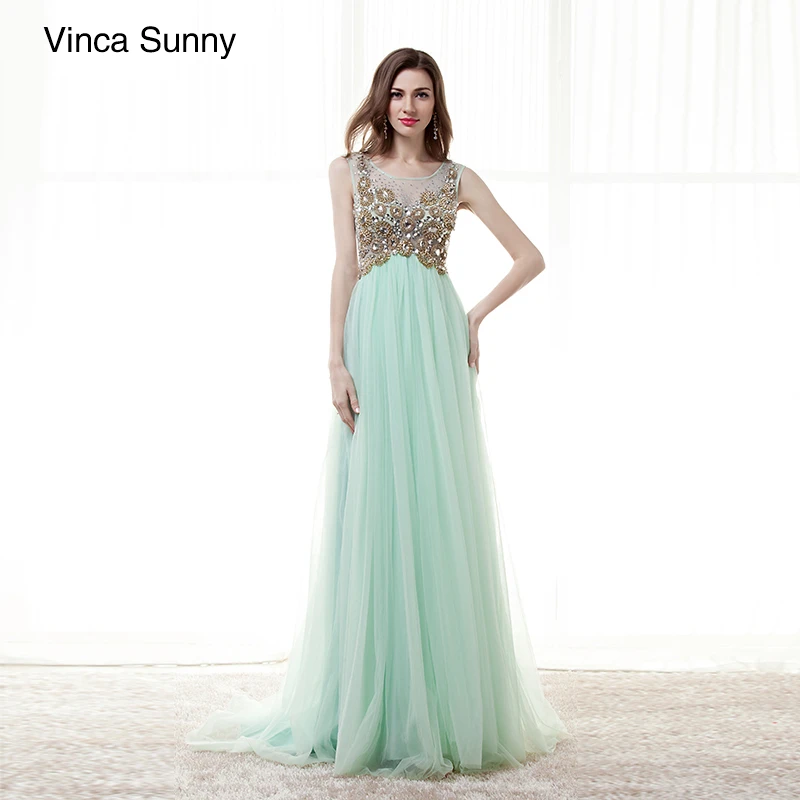 Beauty Scoop Neck Beading Open Back mint green tulle Long Prom Dresses 2018 Sleeveless A Line Floor Length Dress custom | Свадьбы и
