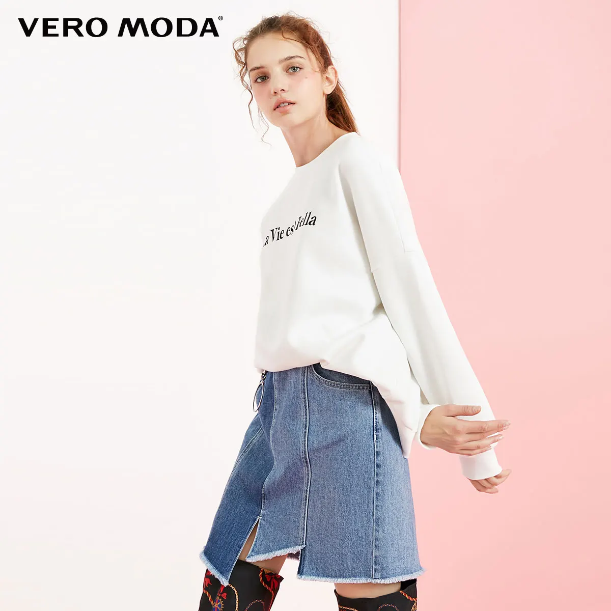 Snow white Vero Moda свитшот Женская Ins стиль круглый вырез с заниженным плечом Досуг свободная толстовка с капюшоном | 318433511 - Цвет: Snow white