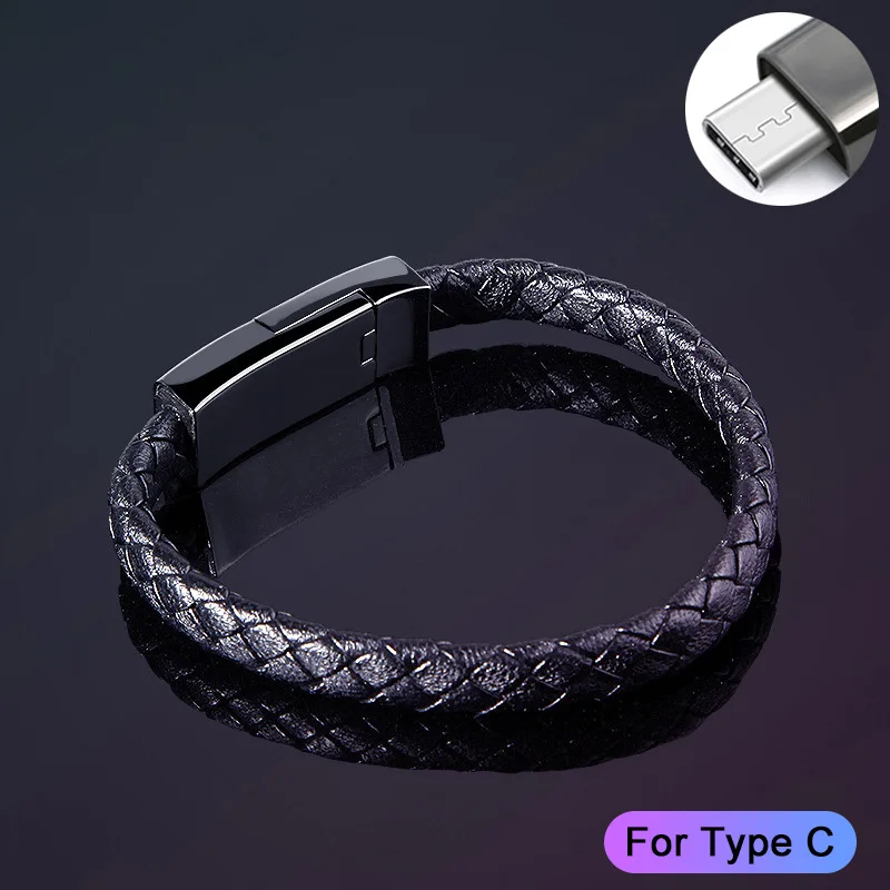 For Type C Носимый кабель для передачи данных для мобильного телефона кожаный мини тип-c USB браслет зарядное устройство для huawei Xiaomi Портативный зарядный кабель для iPhone 8 - Тип штекера: For Type C