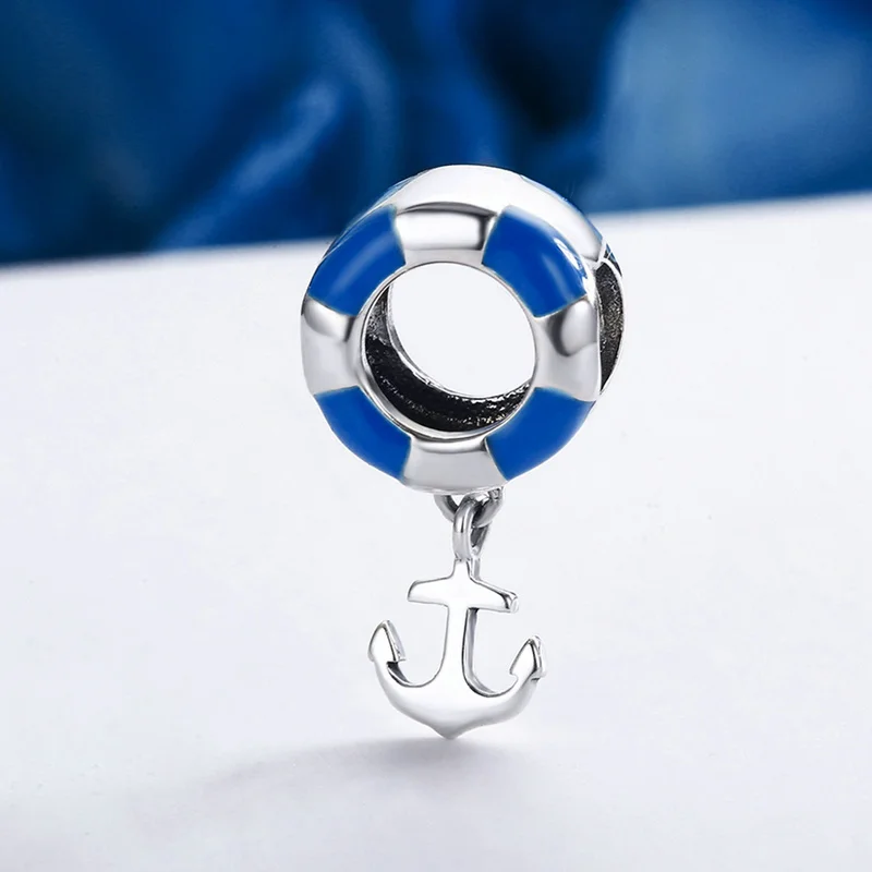 VEAMOR Authentic 925 Sterling Silver Blue Enamel Life Buoy &amp Anchor Dangle Charms Beads Fit Pandora Bracelets DIY Jewelry Making |