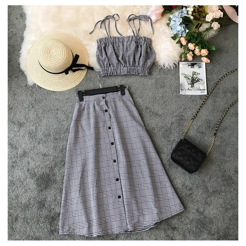 Женский клетчатый комплект из двух предметов на шнуровке повседневный